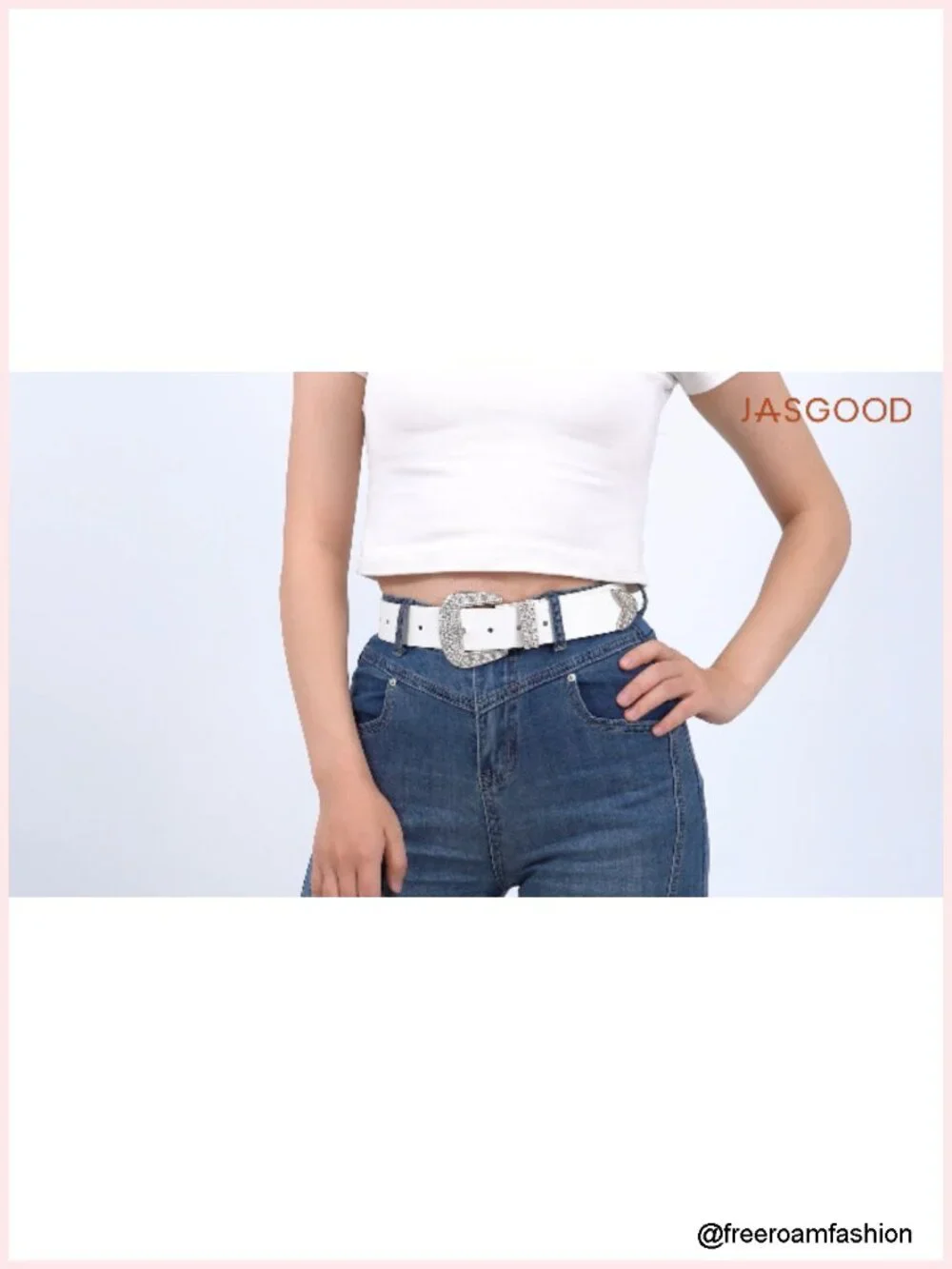 Western Belt with Rhinestone Silver Buckle for Jeans, PU Leather